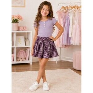 btween Girls Purple Plaid Skater Skirt Size 8 Stretch Waist Back to School